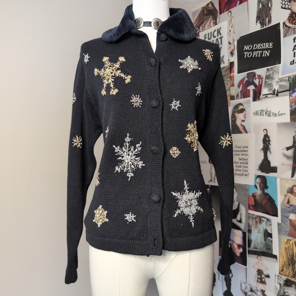 Beaded Snowflake Faux Fur Collar Cardigan Vintage